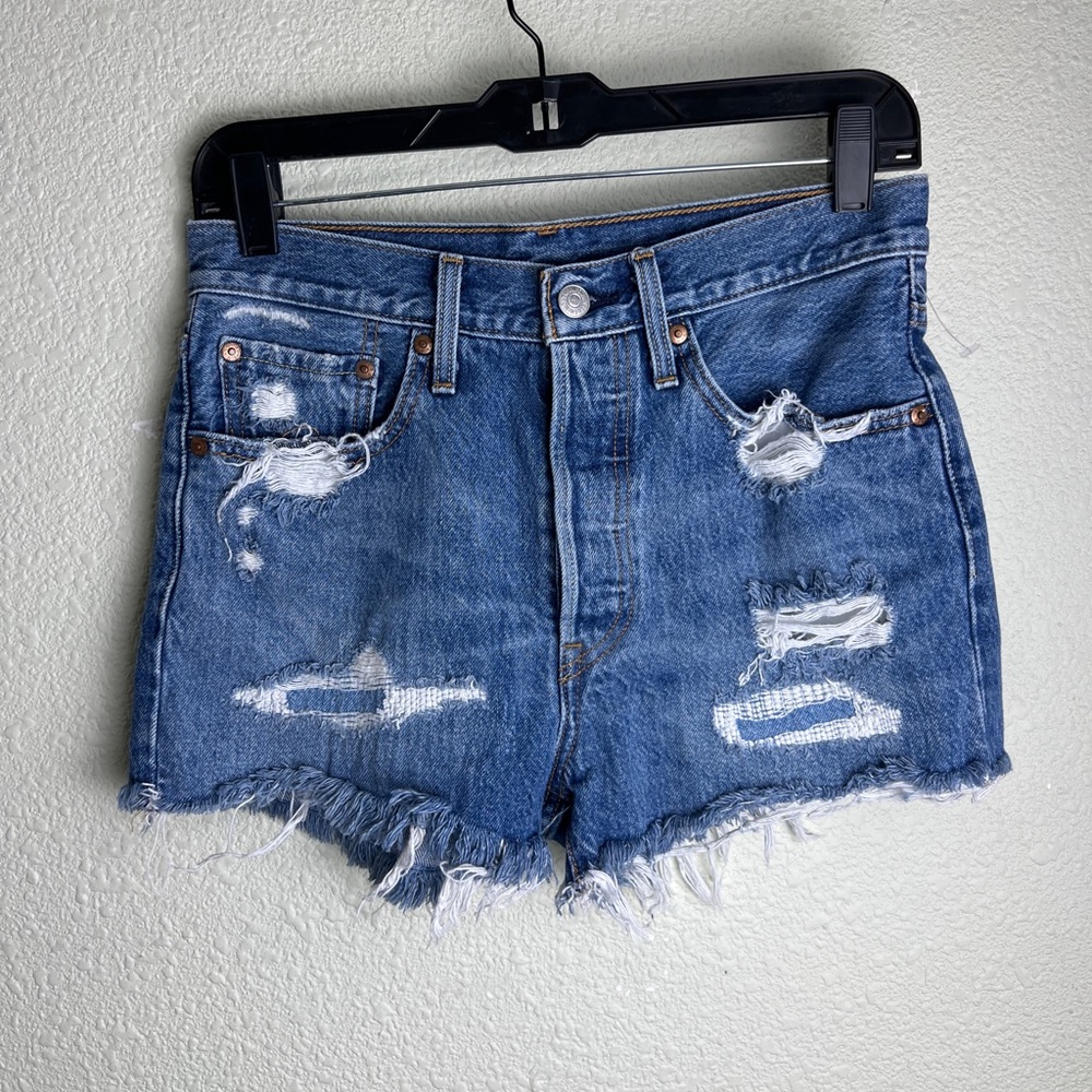 Levis Premium 501 Distressed Blue Denim Shorts